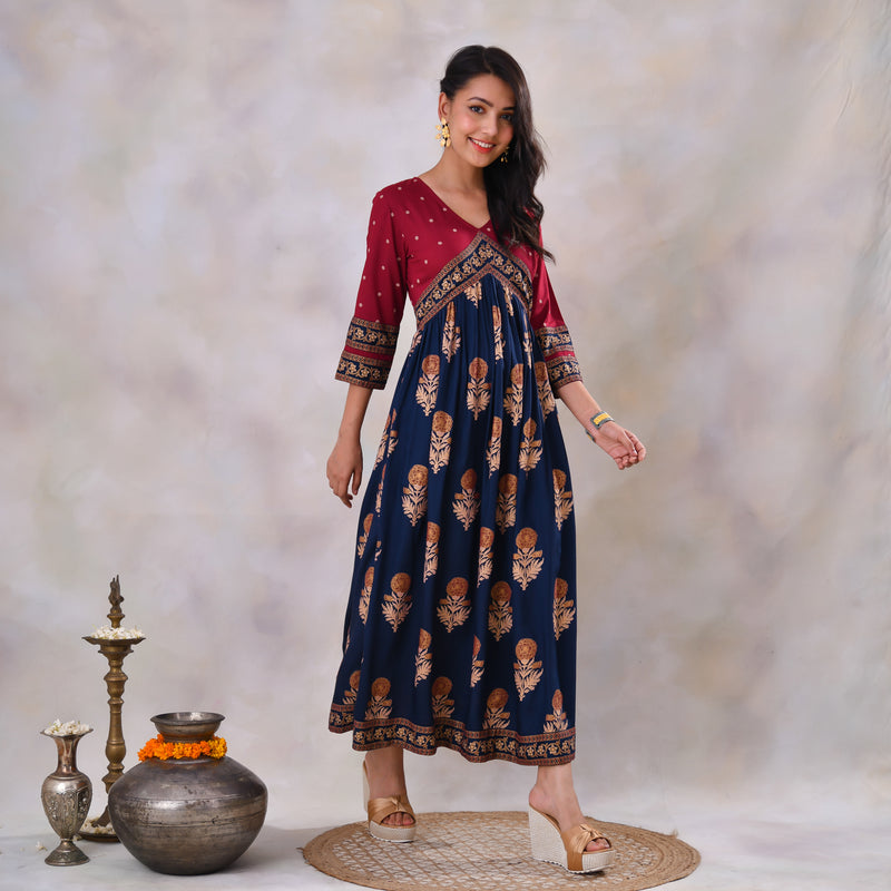 Blue & Maroon V Neck Alia Cut Dress with Gold Buta & Polka Prints