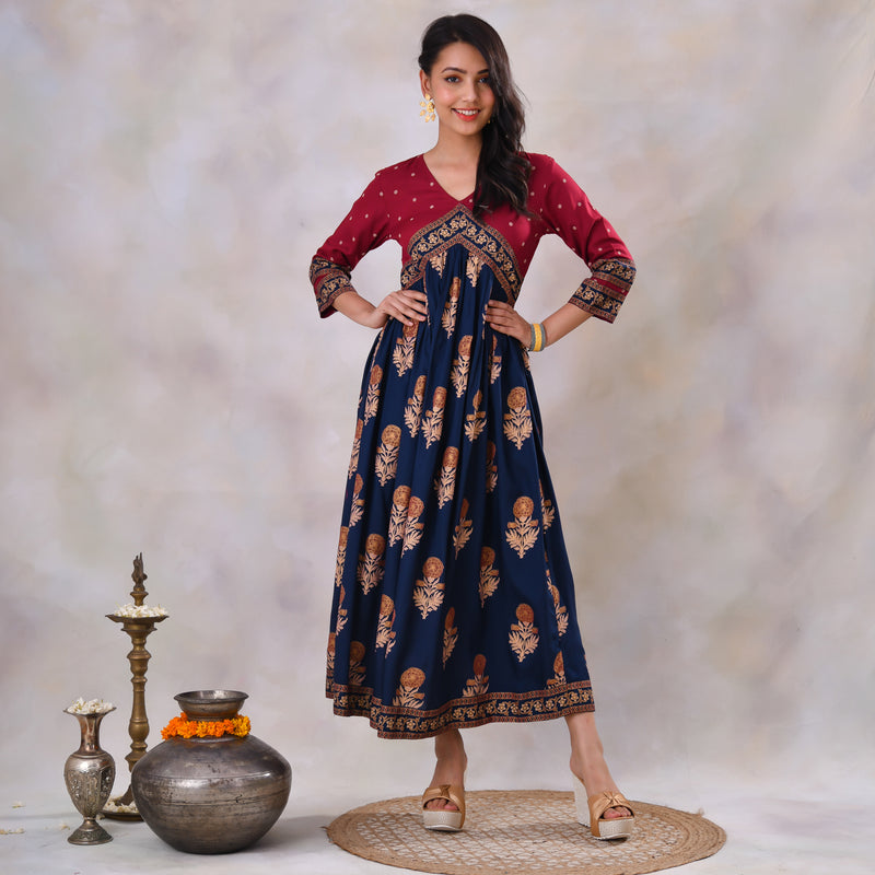 Blue & Maroon V Neck Alia Cut Dress with Gold Buta & Polka Prints