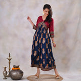 Blue & Maroon V Neck Alia Cut Dress with Gold Buta & Polka Prints