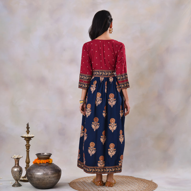 Blue & Maroon V Neck Alia Cut Dress with Gold Buta & Polka Prints