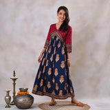 Blue & Maroon V Neck Alia Cut Dress with Gold Buta & Polka Prints