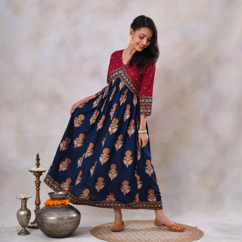 Blue & Maroon V Neck Alia Cut Dress with Gold Buta & Polka Prints
