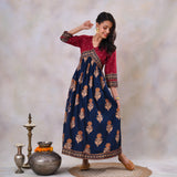 Blue & Maroon V Neck Alia Cut Dress with Gold Buta & Polka Prints