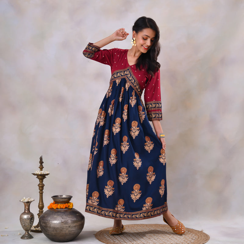 Blue & Maroon V Neck Alia Cut Dress with Gold Buta & Polka Prints