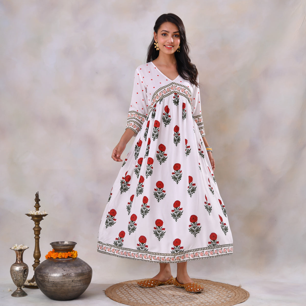 White V Neck Alia Cut Dress with Buta & Polka Prints