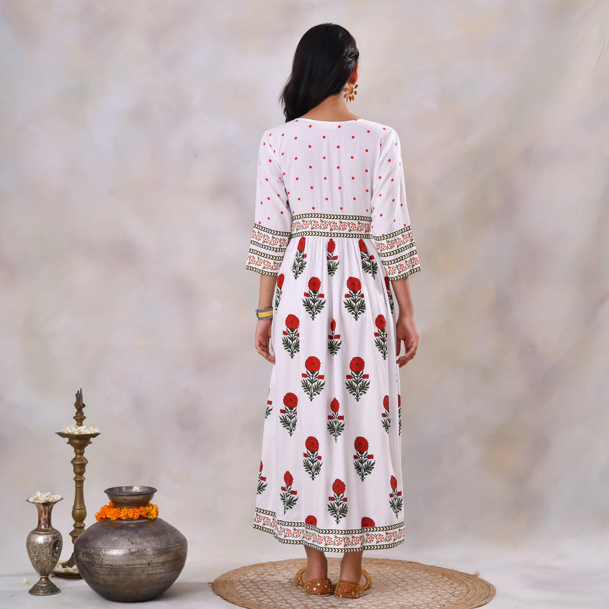 White V Neck Alia Cut Dress with Buta & Polka Prints