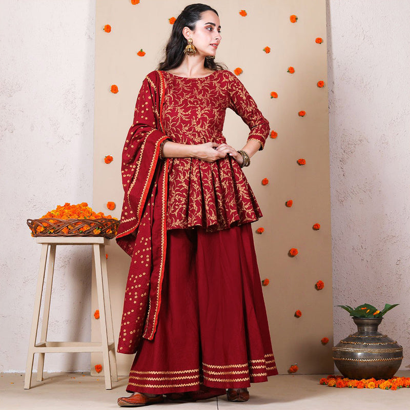 Maroon Festive Gold Printed Sharara Peplum Dupatta Set