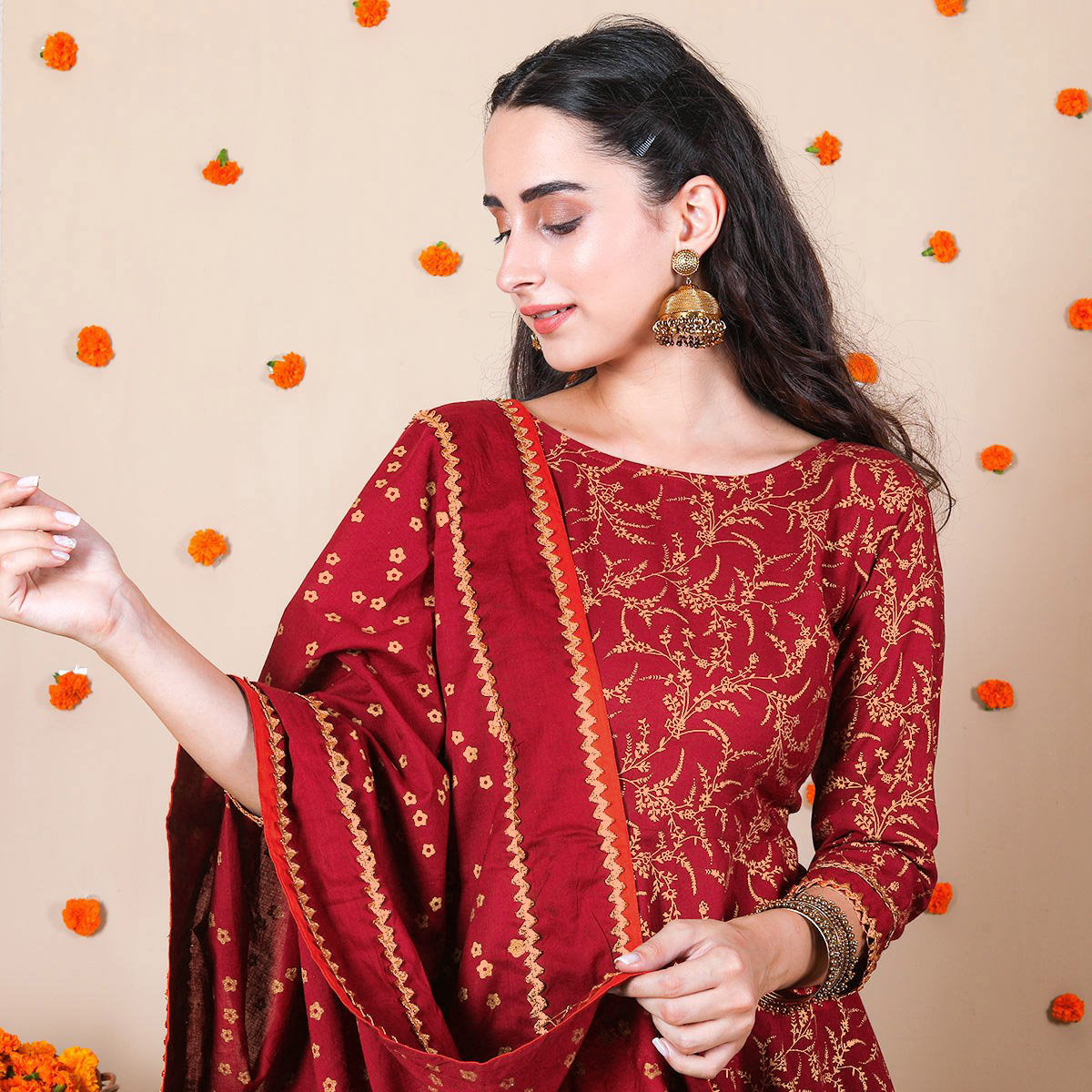 Maroon Festive Gold Printed Kurta Set with Dupatta for Women