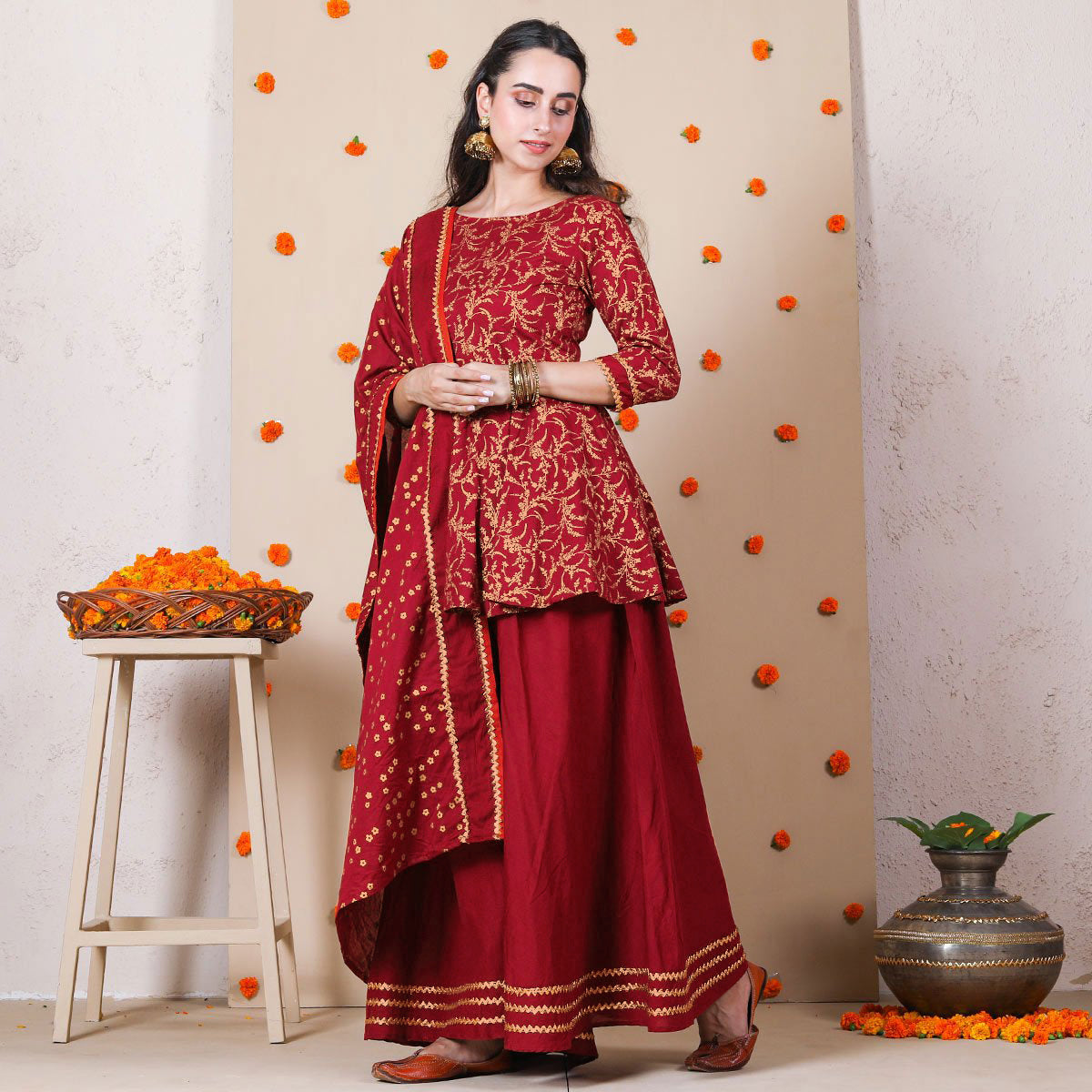 Maroon Festive Gold Printed Kurta Set with Dupatta for Women
