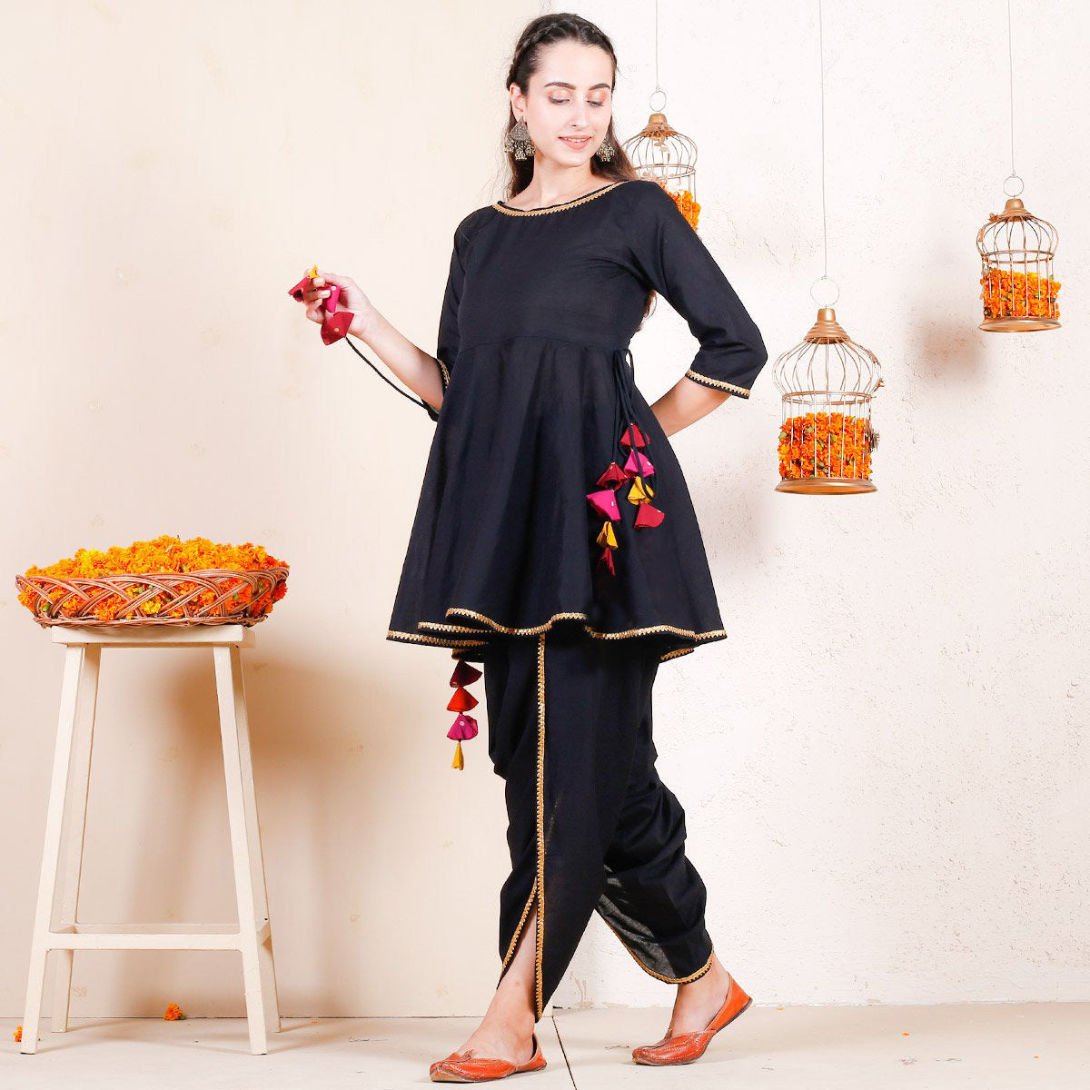 modern dhoti style dresses for ladies Buy Black Dhoti Peplum Top Set with Multicolour Tassels