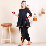 Black Dhoti Peplum Top Set with Multicolour Tassels