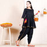 Black Dhoti Peplum Top Set with Multicolour Tassels