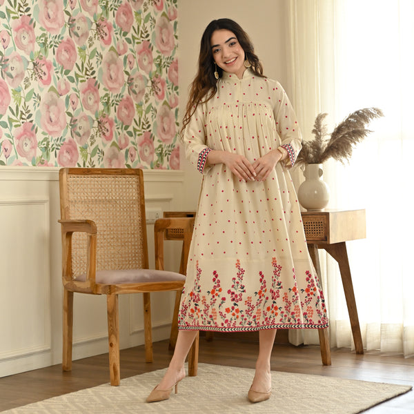 Cream Floral Fit & Flare Dress