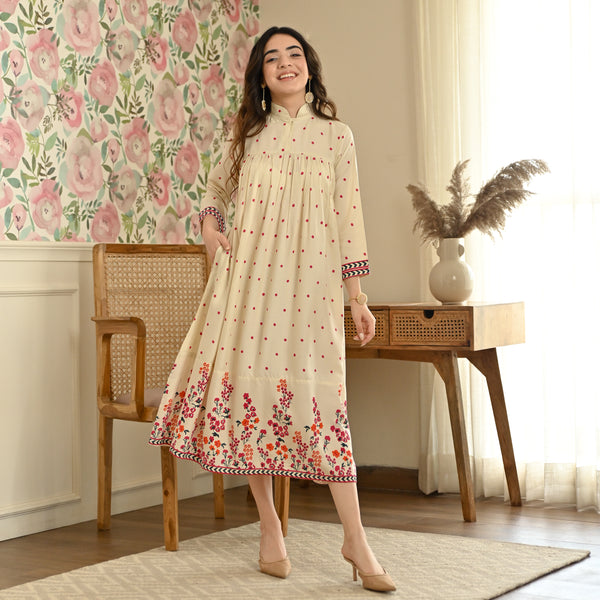 Cream Floral Fit & Flare Dress