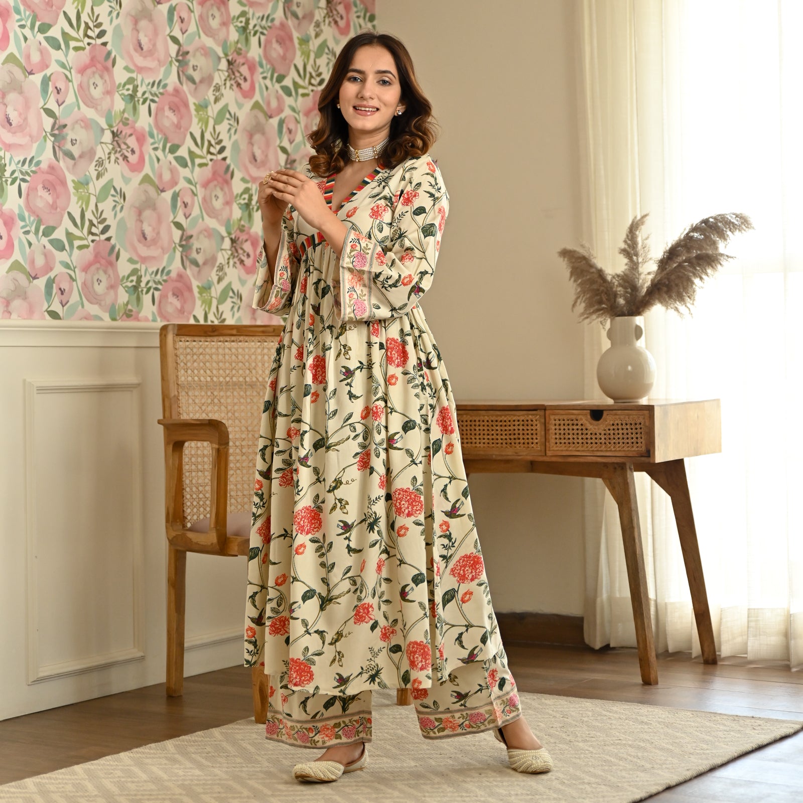 Women Cream Printed Kurta Set With Solid Pants-145-Vaas-Brown