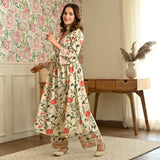 Cream Front Gathered Kurta Pant Co-ord Set