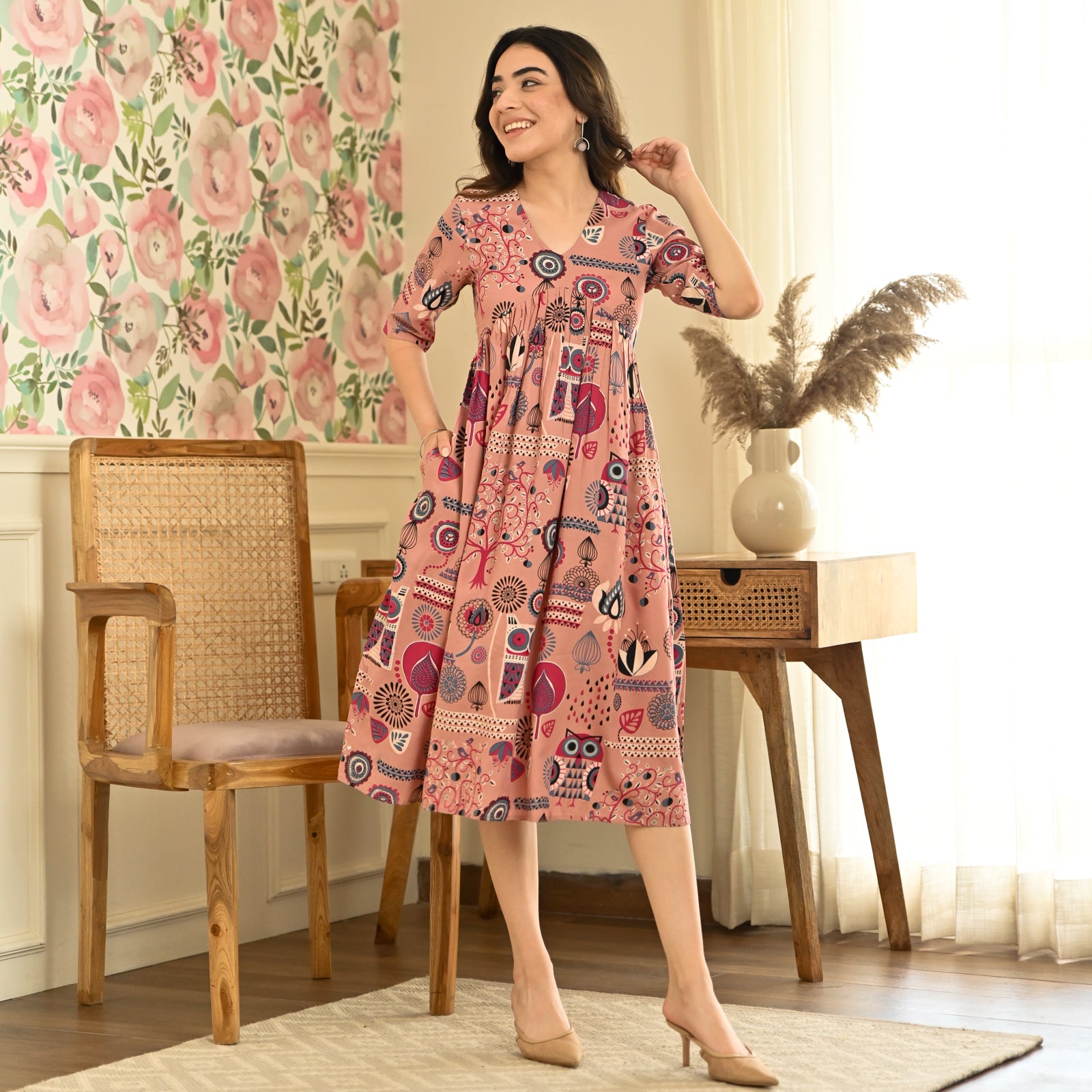 Buy Baby Pink Abstract Print Flared Dress | Rustorange