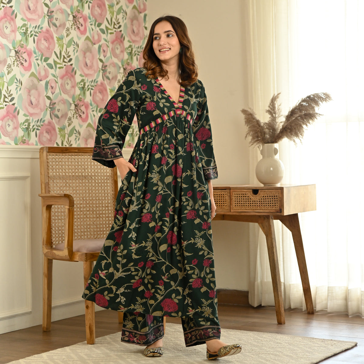 Emerald Green Front Gathered Kurta Pant Co-ord Set