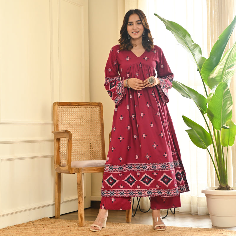 Maroon Front Gathered Kurta Pant Set