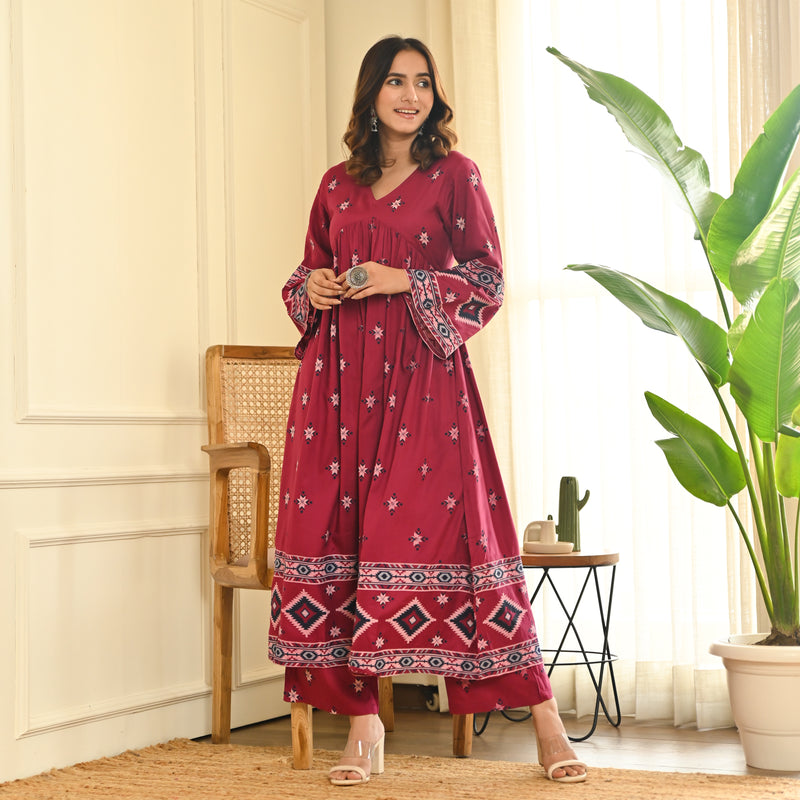 Maroon Front Gathered Kurta Pant Set