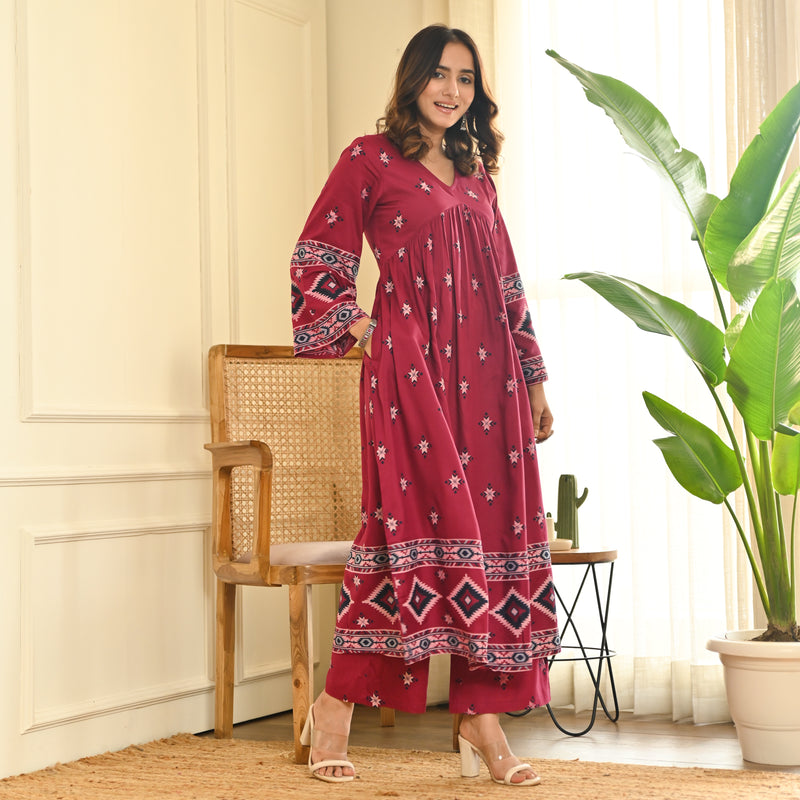 Maroon Front Gathered Kurta Pant Set