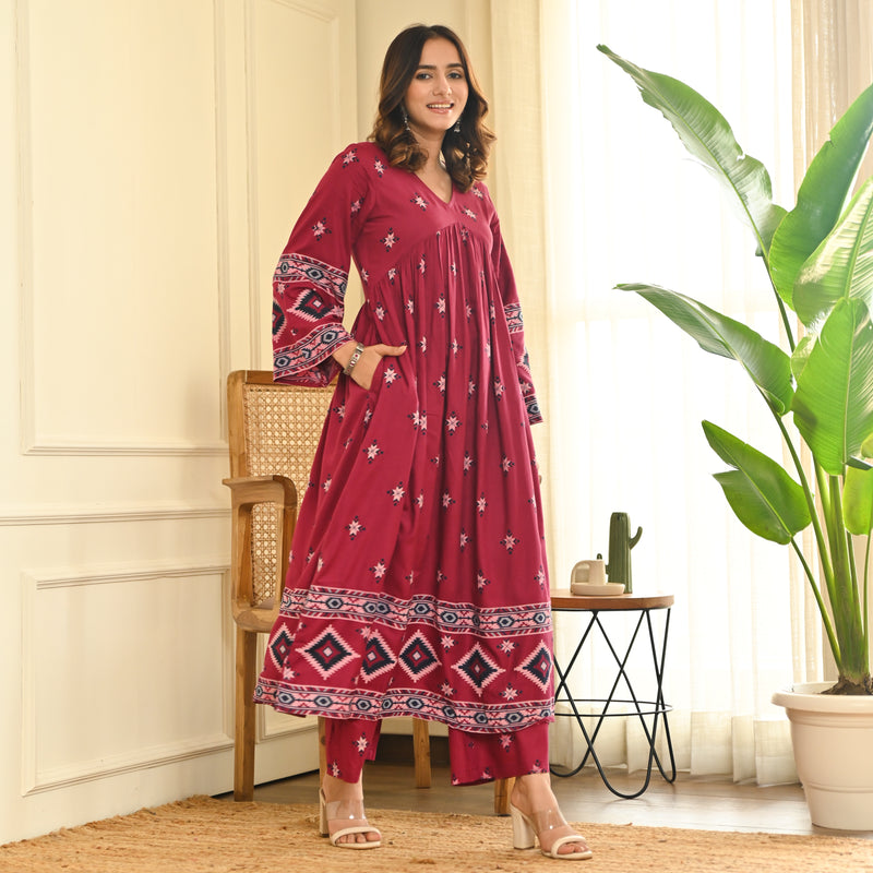 Maroon Front Gathered Kurta Pant Set