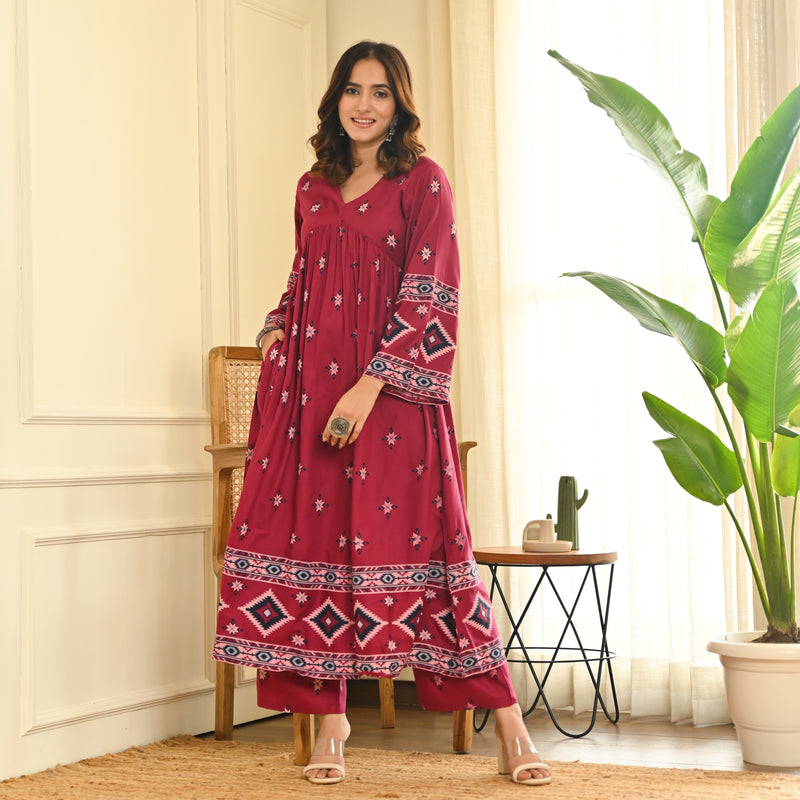 Maroon Front Gathered Kurta Pant Set