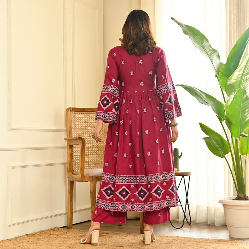 Maroon Front Gathered Kurta Pant Set