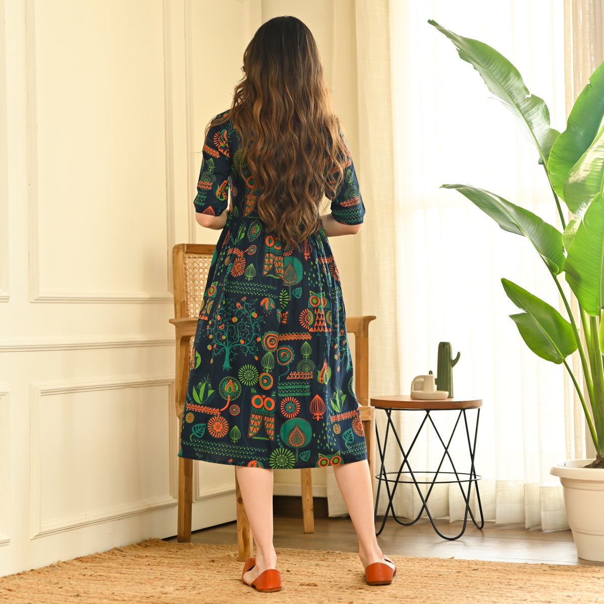 Indigo Abstract Print Flared Dress
