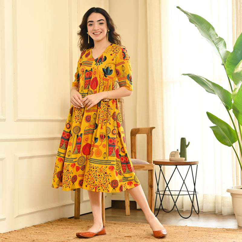Yellow Abstract Print Flared Dress