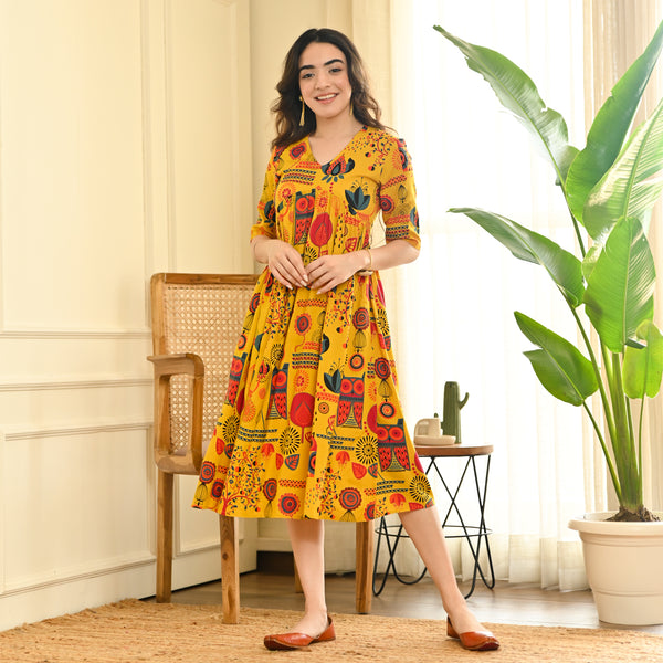 Yellow Abstract Print Flared Dress
