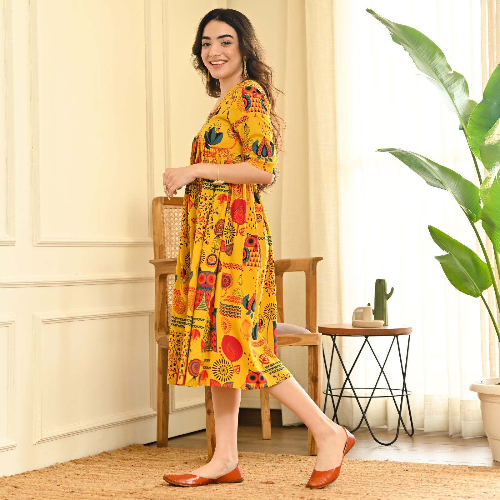 Yellow Abstract Print Flared Dress