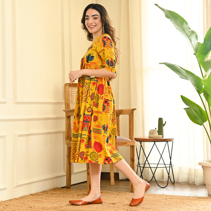 Yellow Abstract Print Flared Dress