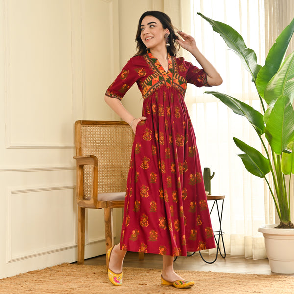 Slash Maroon V Neck Alia Cut Gathered Dress