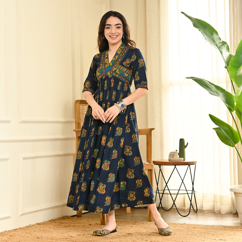 Peppy Indigo V Neck Gathered Dress