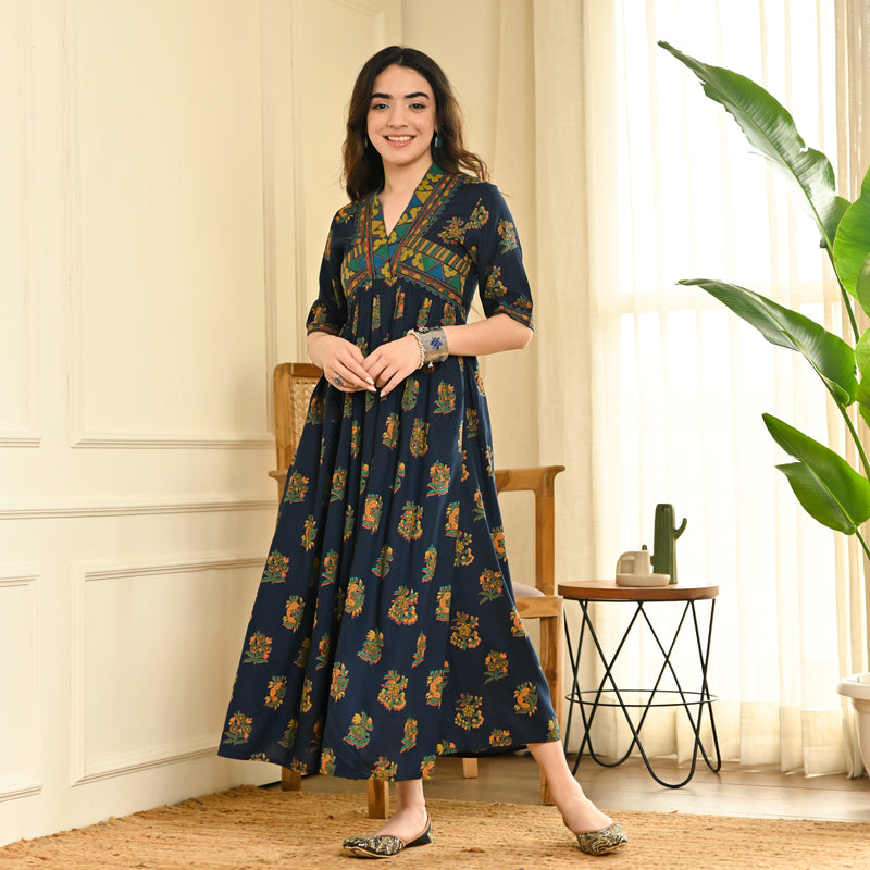 Peppy Indigo V Neck Gathered Dress