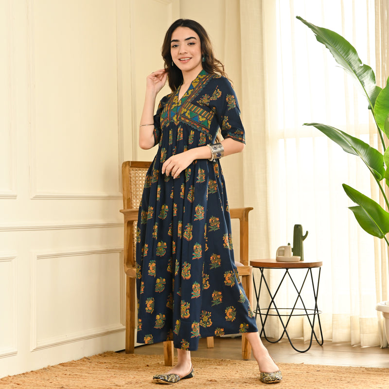 Peppy Indigo V Neck Gathered Dress