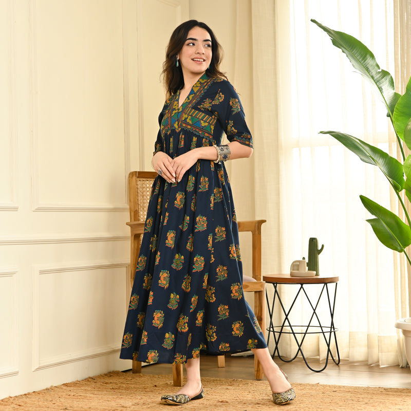 Peppy Indigo V Neck Gathered Dress