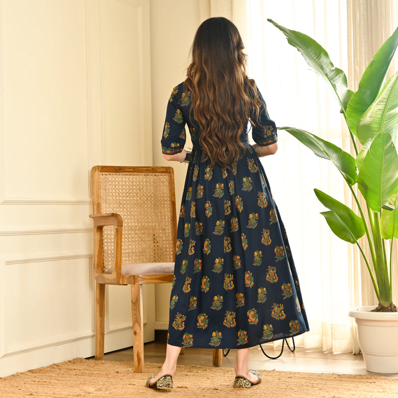 Peppy Indigo V Neck Gathered Dress