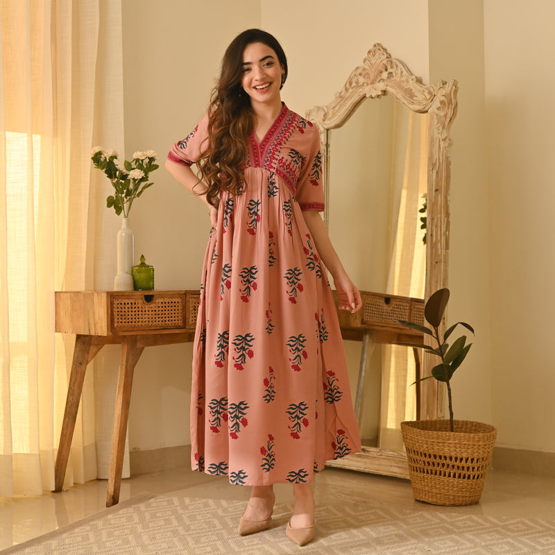 Gulbagh Pink V Neck Dress