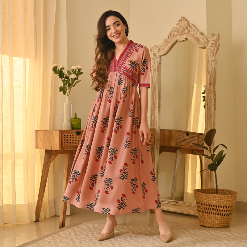 Gulbagh Pink V Neck Dress