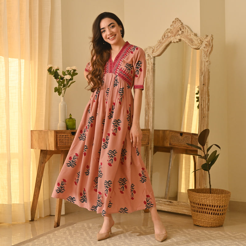 Gulbagh Pink V Neck Dress