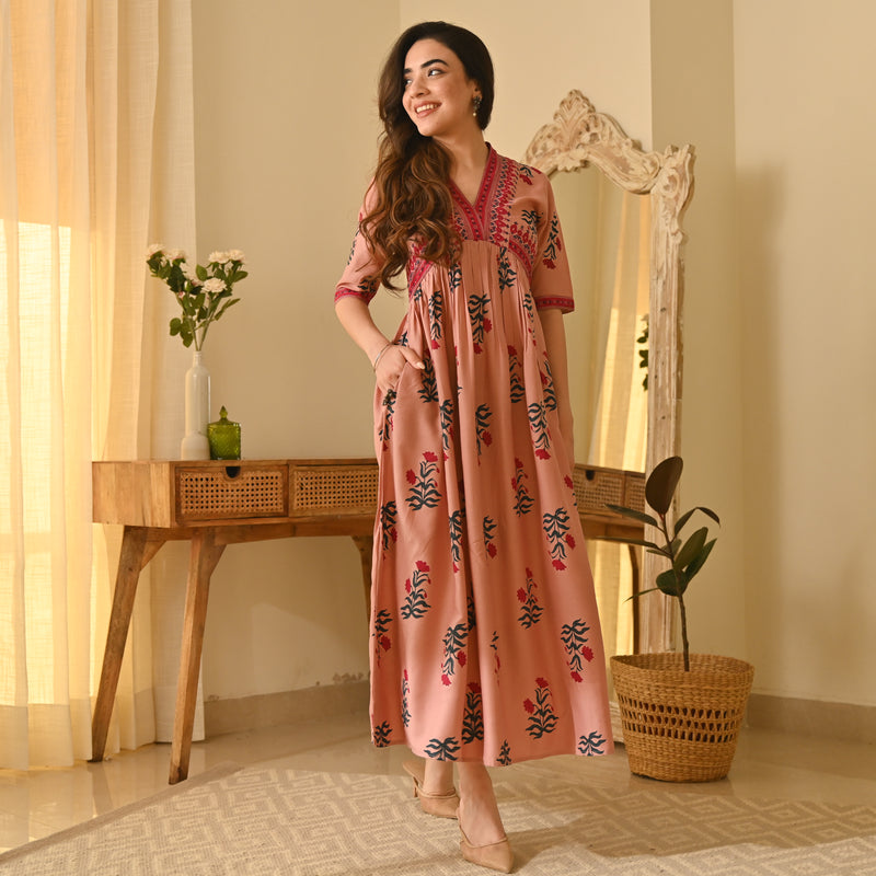 Gulbagh Pink V Neck Dress