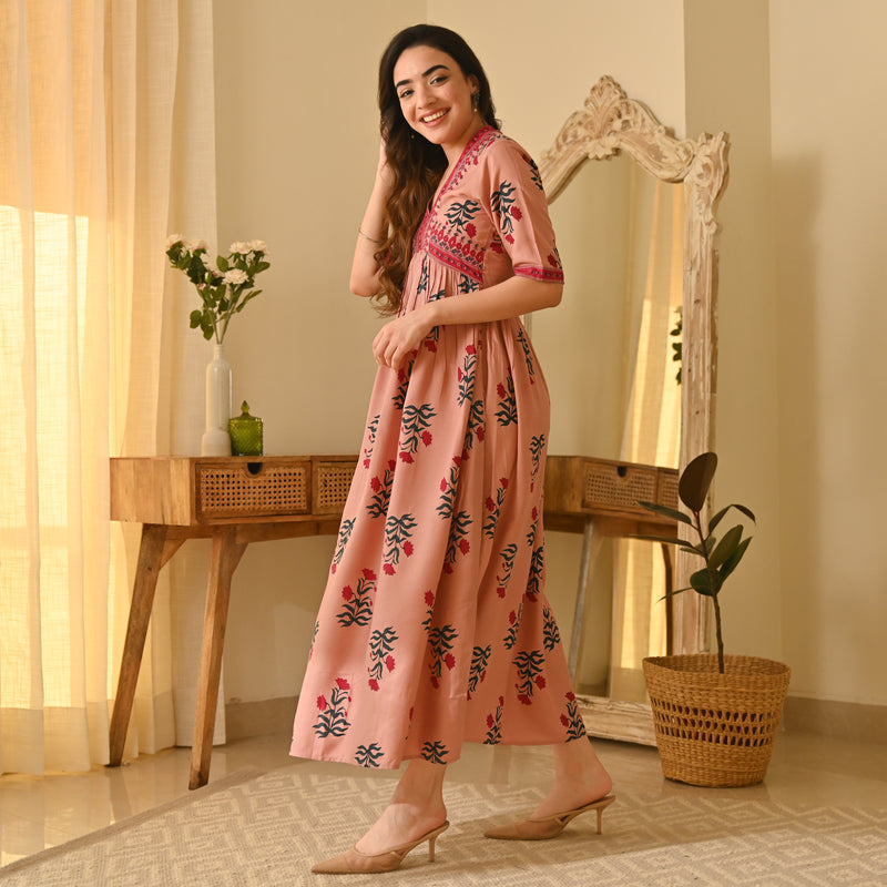 Gulbagh Pink V Neck Dress