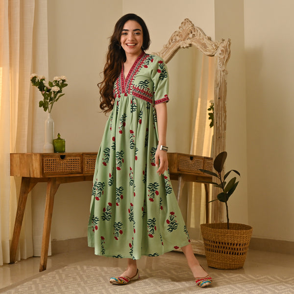 Gulbagh Mint Green V Neck Dress