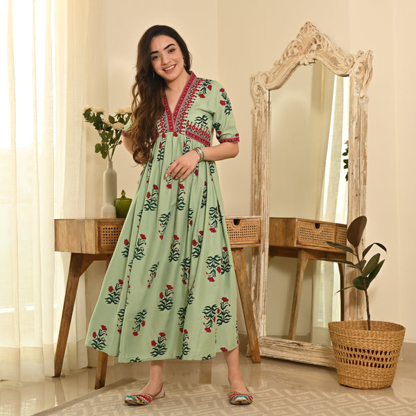 Gulbagh Mint Green V Neck Dress