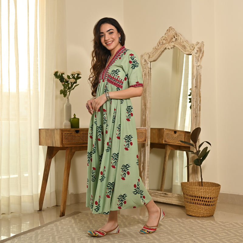 Gulbagh Mint Green V Neck Dress