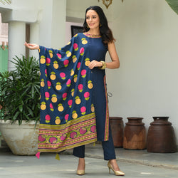 Indigo Halter Neck Kurta Pant Dupatta Set With Side Tie up Detail