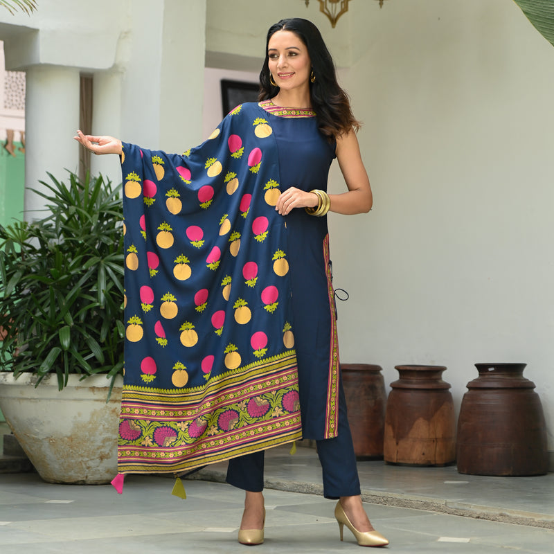 Indigo Halter Neck Kurta Pant Dupatta Set With Side Tie up Detail