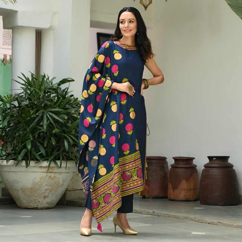 Indigo Halter Neck Kurta Pant Dupatta Set With Side Tie up Detail